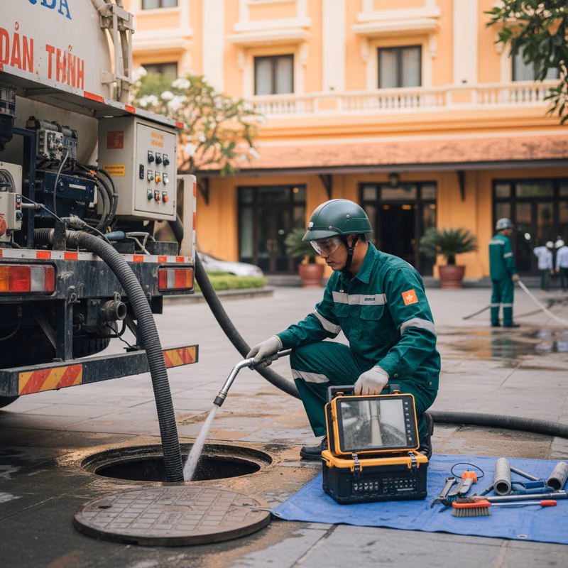 Kỹ thuật viên Môi Trường Xanh đang kiểm tra hệ thống bể phốt tại một tòa nhà lớn