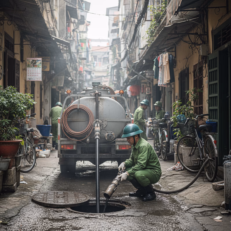 Thợ kỹ thuật của Môi Trường Xanh đang tiến hành lắp đặt phễu thu sàn chuyên nghiệp