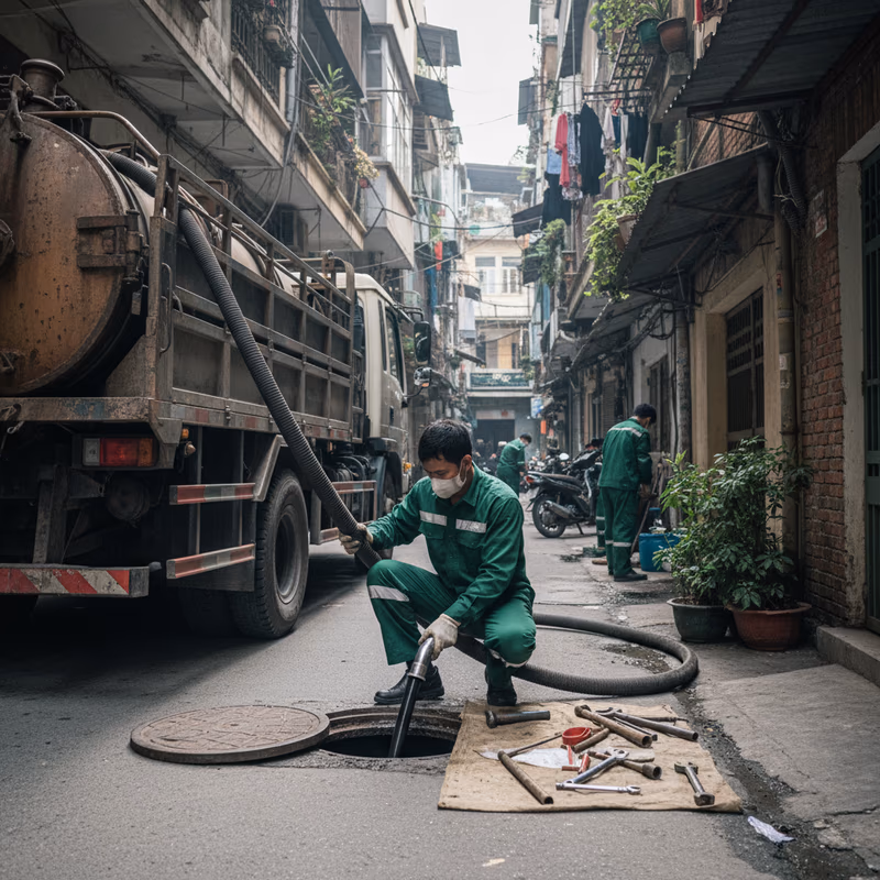 Thợ thi công xây tường ngăn và chống thấm cho bể phốt 3 ngăn tại một công trình nhà ống