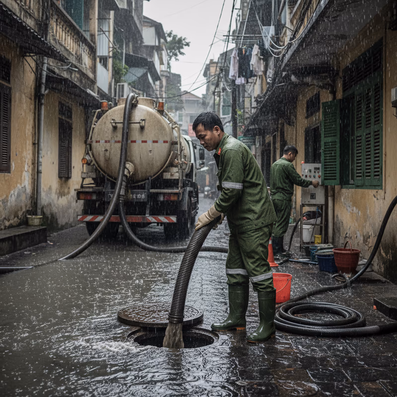 Thợ của Môi Trường Xanh đang kiểm tra hệ thống đường ống thoát nước bị ảnh hưởng bởi mưa lớn