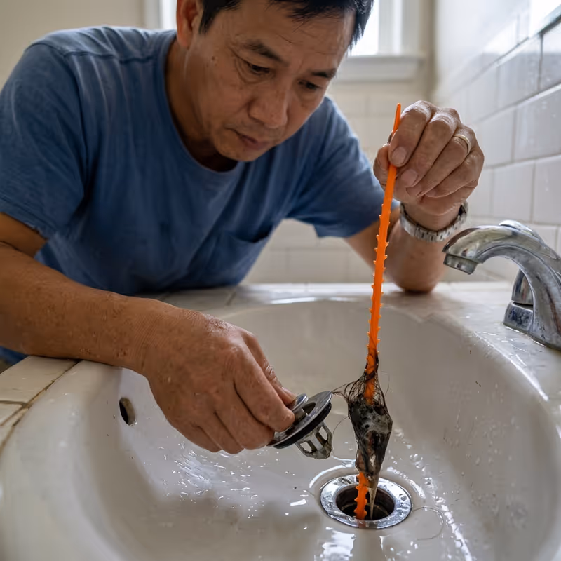 Dùng móc câu hoặc dây lò xo để lấy tóc ra khỏi đường ống lavabo
