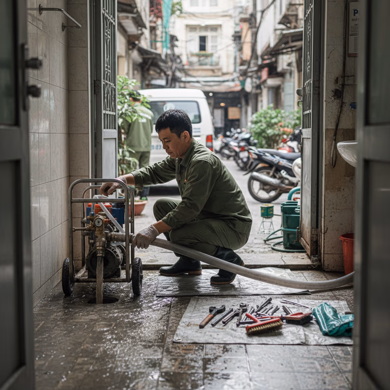 Thợ chuyên nghiệp sử dụng máy móc hiện đại để xử lý tắc nghẽn triệt để