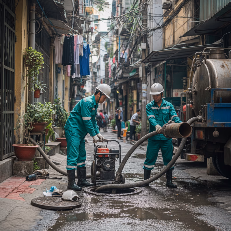 Thợ của Môi Trường Xanh đang làm việc minh bạch, có đồng phục và máy móc hiện đại