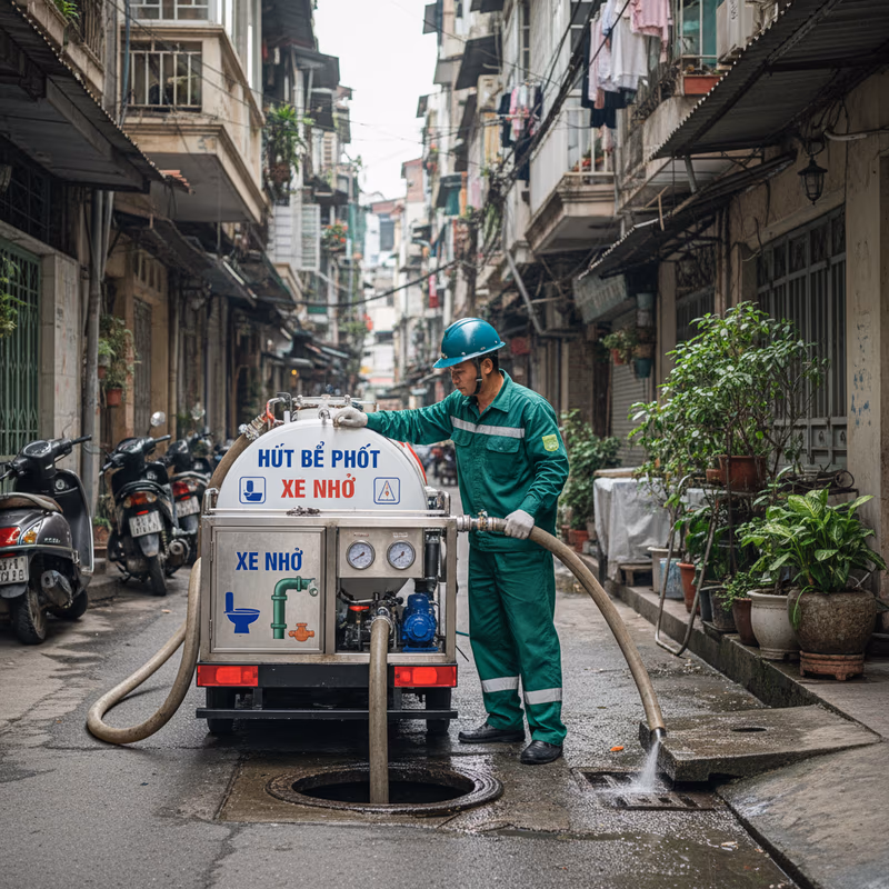 Kỹ thuật viên Môi Trường Xanh đang vận hành máy hút tại một ngõ nhỏ ở Linh Đàm
