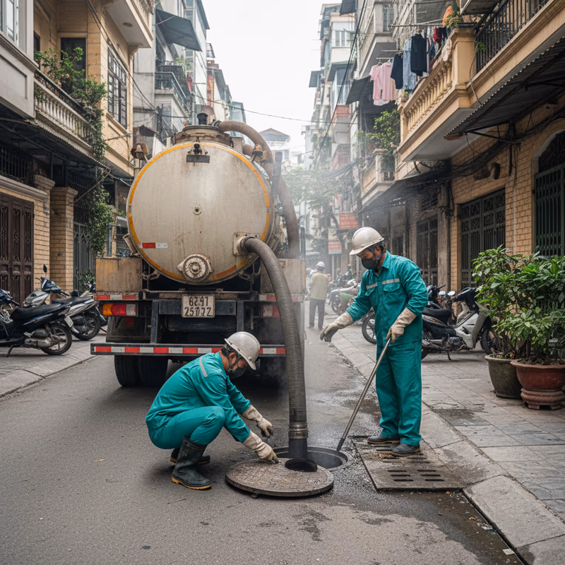 Kỹ thuật viên Môi Trường Xanh sử dụng máy dò tìm nắp bể phốt hiện đại
