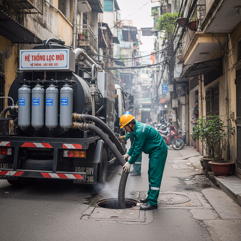Quy trình lọc mùi đa tầng trên xe hút bể phốt hiện đại