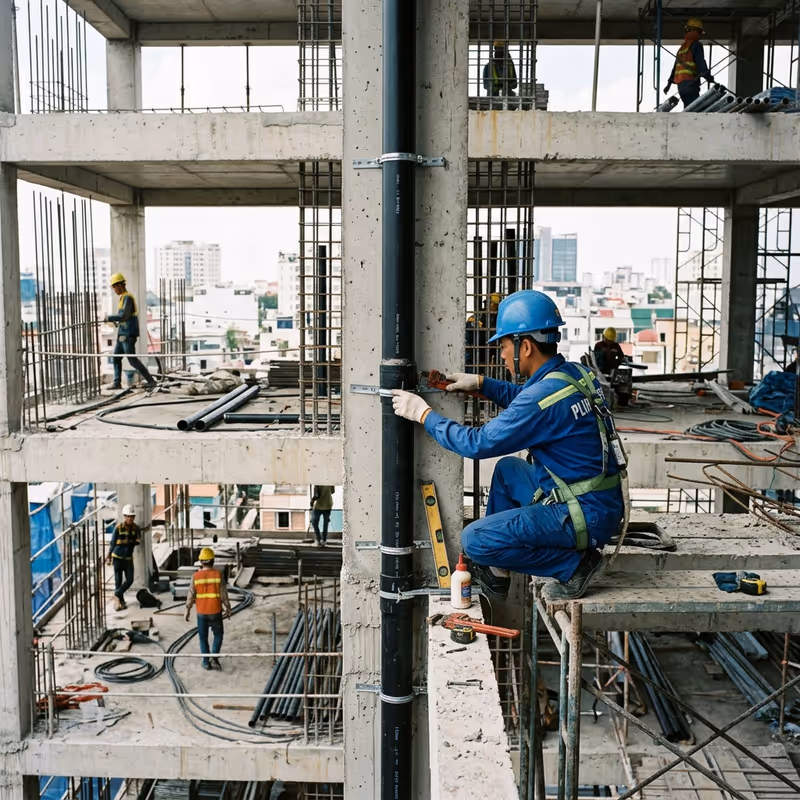 Thợ kỹ thuật đang lắp đặt ống thông hơi bể phốt đúng vị trí