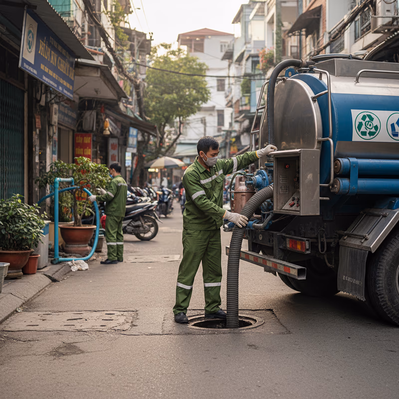 Kỹ thuật viên Môi Trường Xanh thực hiện hút bể phốt tiêu chuẩn