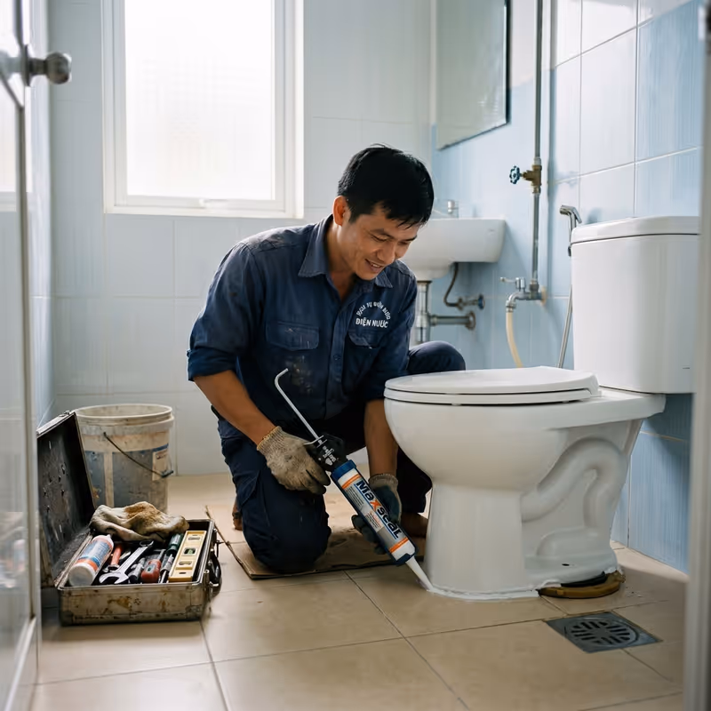 Cận cảnh gioăng cao su của bồn cầu bị lắp đặt sai lệch gây rò rỉ và bốc mùi