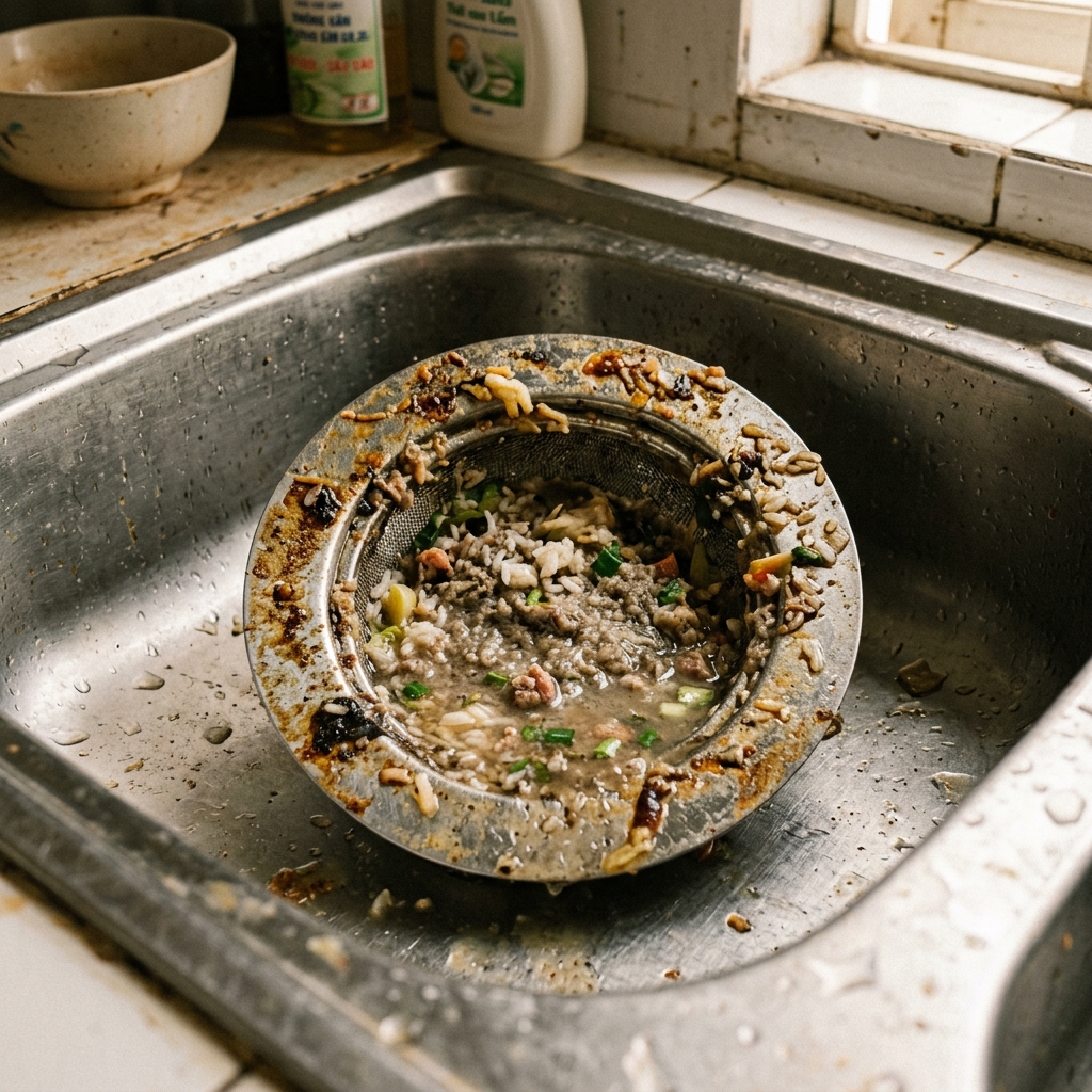 Cống bếp bị đóng mỡ và cặn thức ăn gây tắc nghẽn