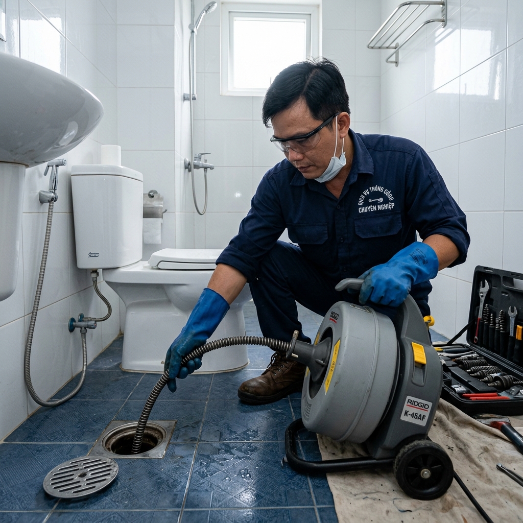 Thợ dùng máy móc cơ học thông cống an toàn — không cần hóa chất