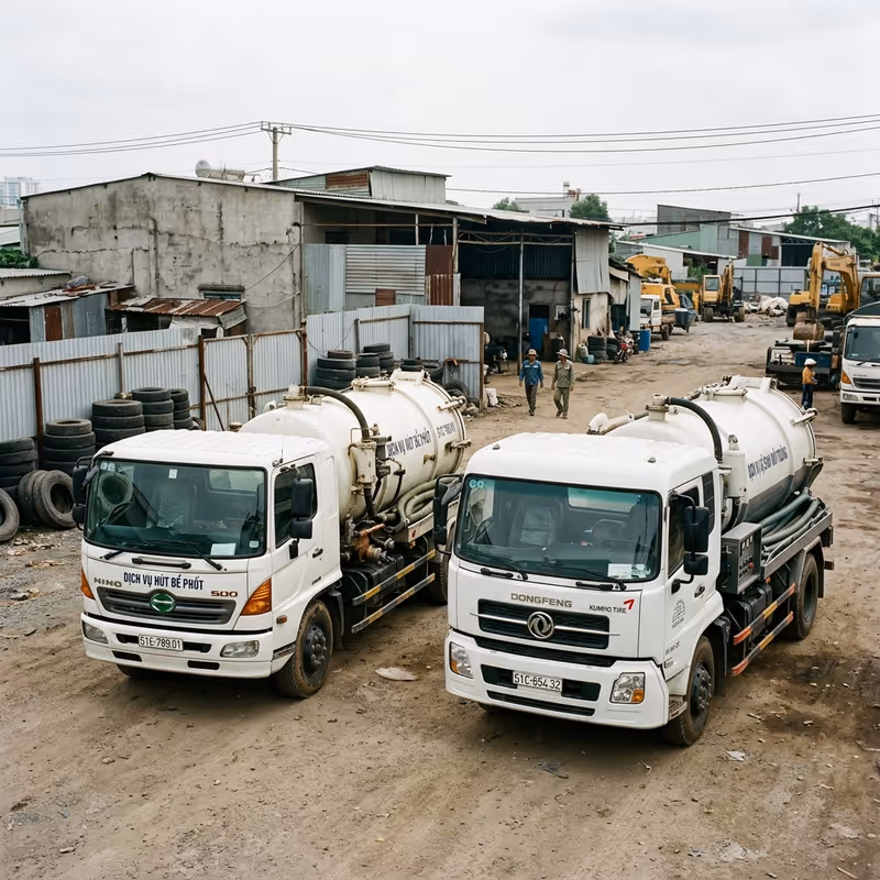 Hình ảnh so sánh hai loại xe hút bể phốt, một bên là xe Nhật (Hino, Isuzu) và một bên là xe Trung Quốc (Dongfeng, Howo)