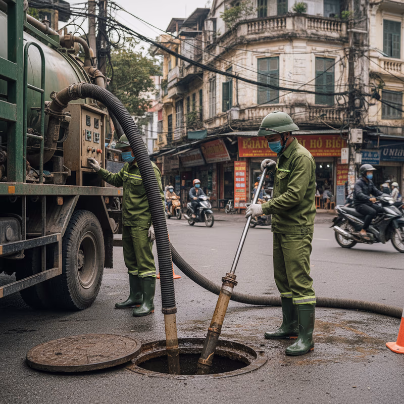 Quá trình hút bùn hố ga bằng xe chuyên dụng tại Hà Nội