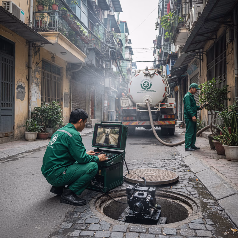 Thiết bị camera nội soi cống hiện đại với giao diện điều khiển tại màn hình hiển thị thời gian thực