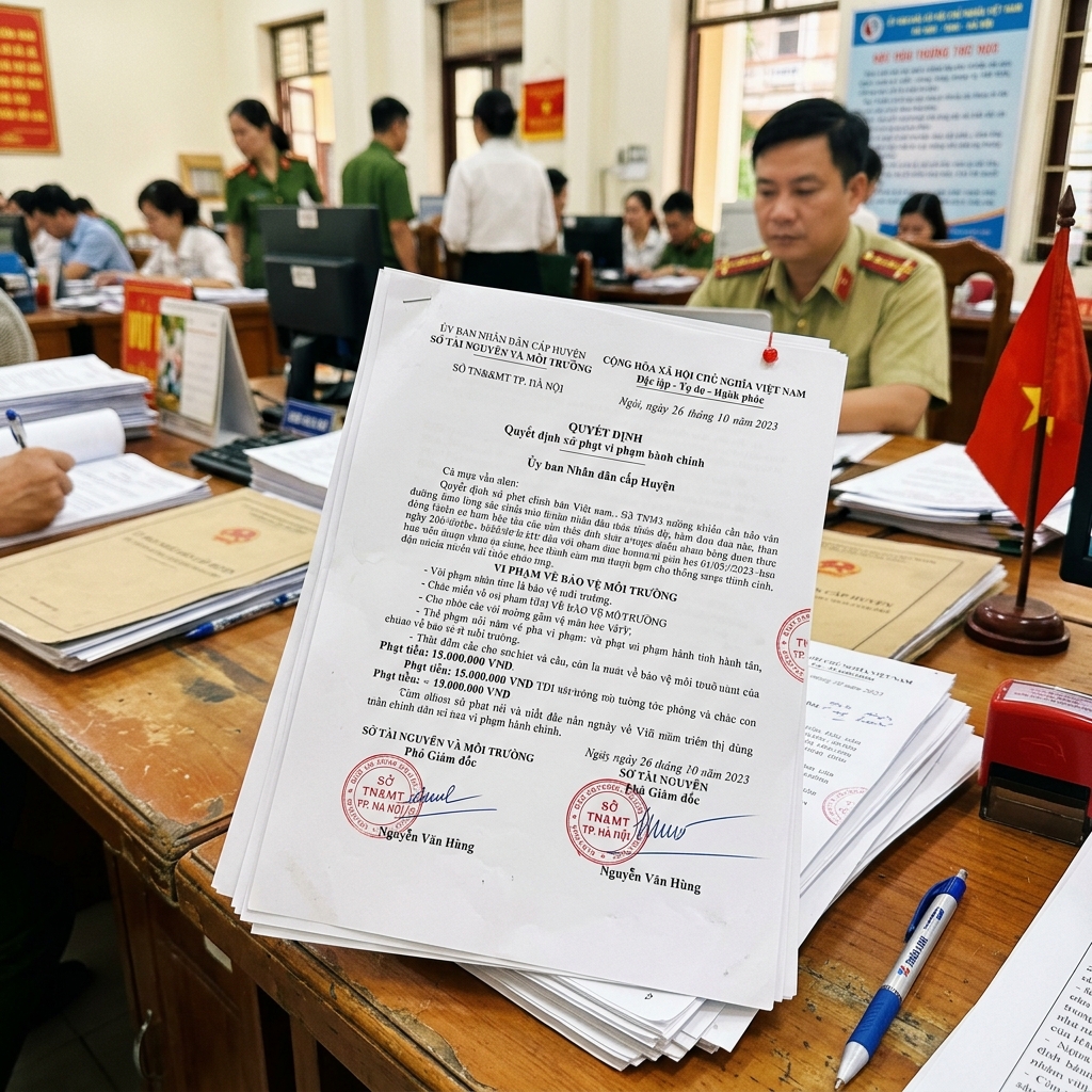 Cán bộ môi trường kiểm tra vi phạm xả thải tại Hà Nội