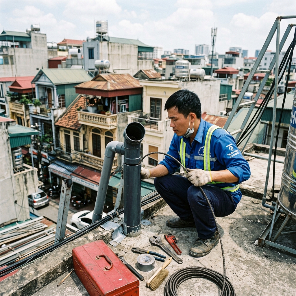 Thợ kỹ thuật kiểm tra và thông thông hơi ống trên mái nhà