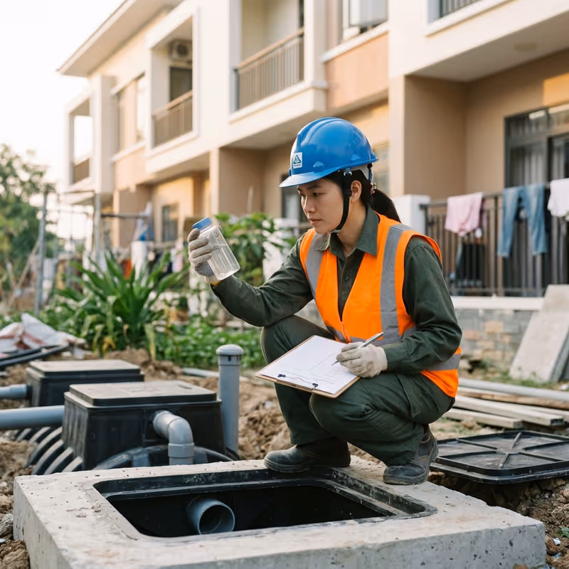 Kỹ thuật viên Môi Trường Xanh đang kiểm tra hệ thống xử lý nước thải bằng thiết bị chuyên dụng