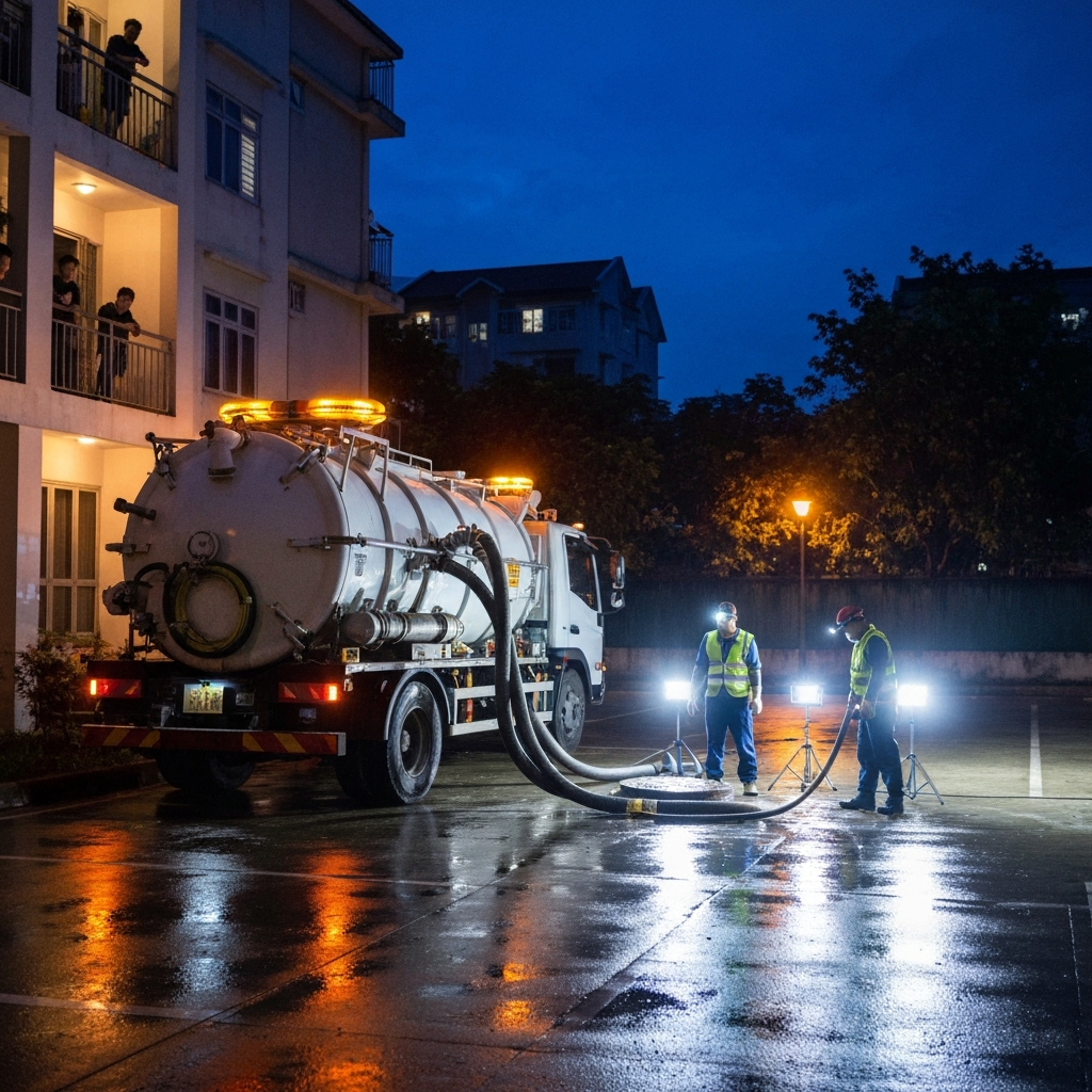 Hút bể phốt khẩn cấp ban đêm 24/7