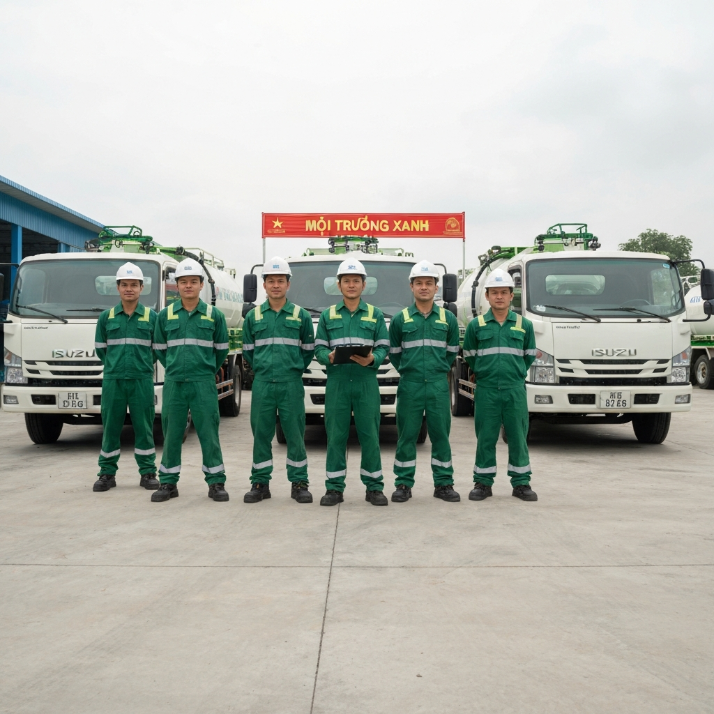 Đội ngũ hút bể phốt chuyên nghiệp với đoàn xe Hino