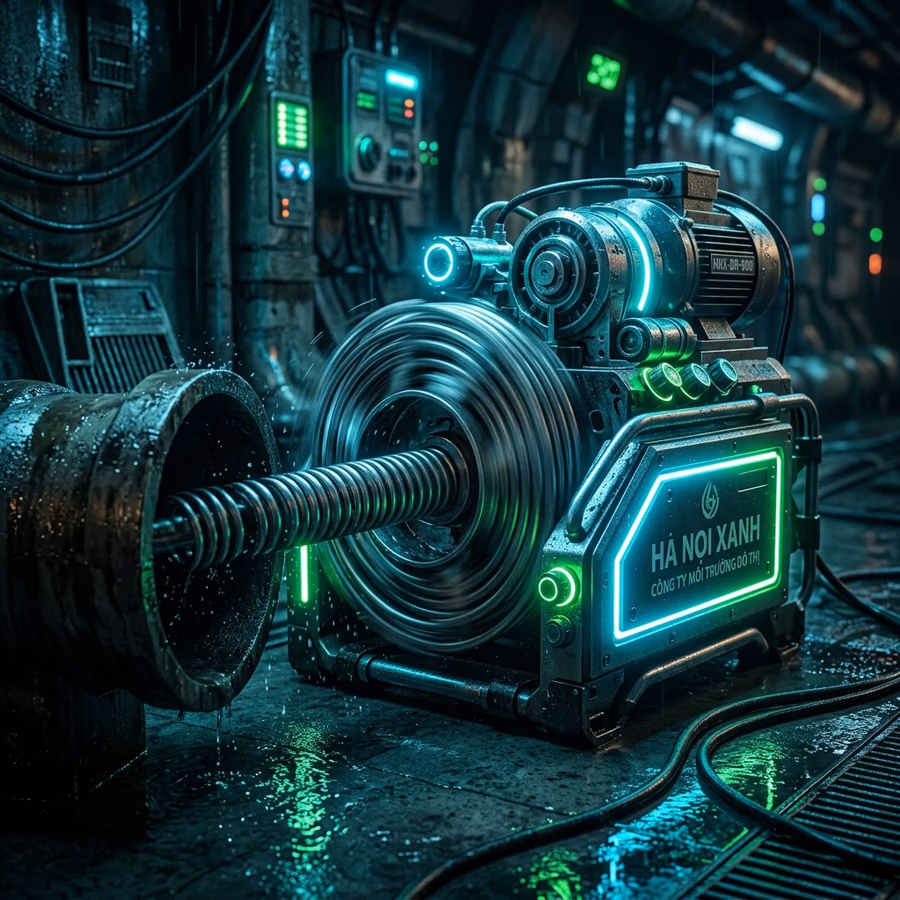 Môi Trường Xanh technicians operating a nano spring machine deep within Hoan Kiem district's intricate drainage system - Guaranteed resolution in 15 minutes, prices starting from 86K
