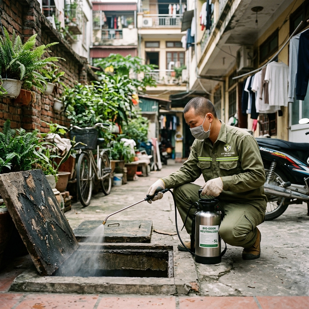 Moi Truong Xanh specialists using advanced nano silver and microbial solutions for thorough odor elimination after drain cleaning - Committed to 15-minute service, prices starting from 86K